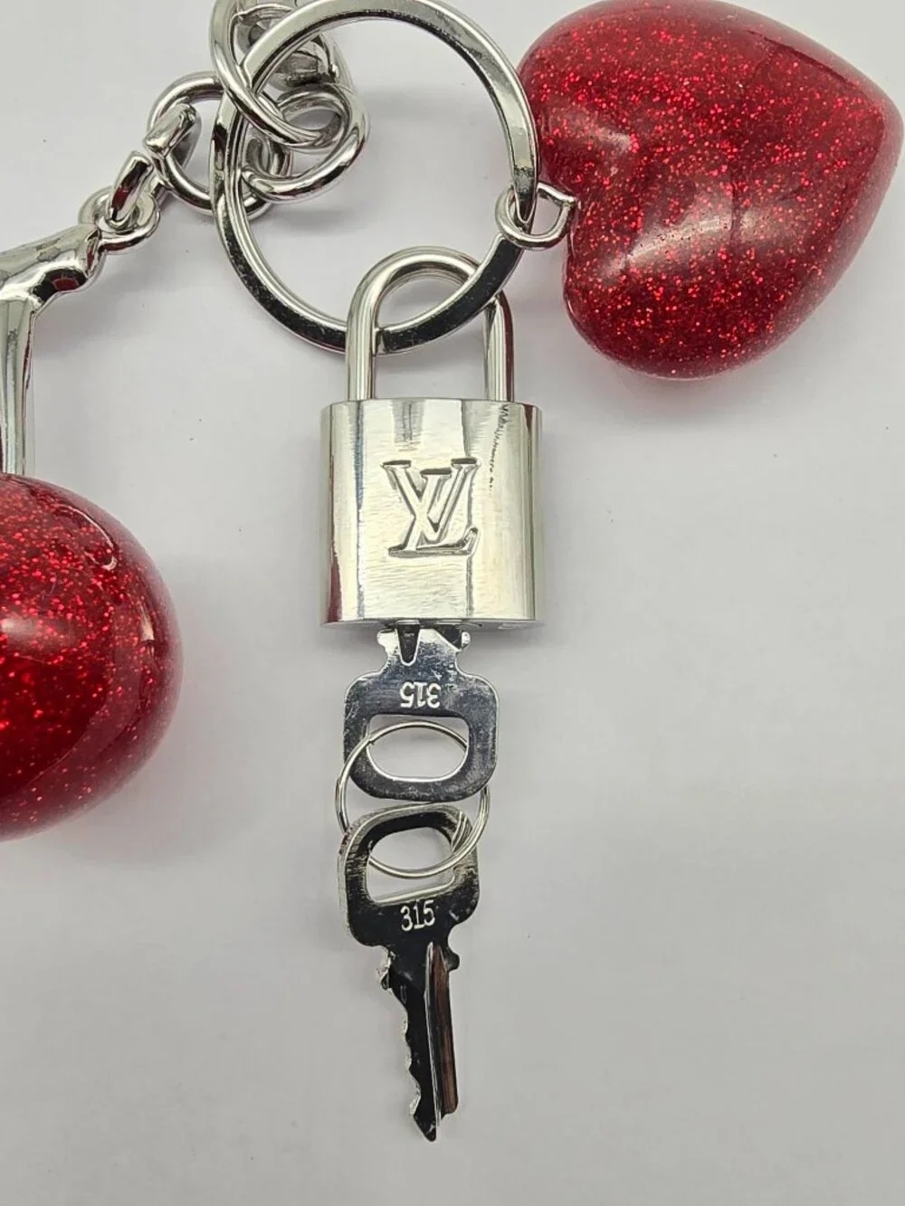 Authentic Louis Vuitton Silver Padlock with Unbranded Red Cherry Charm
